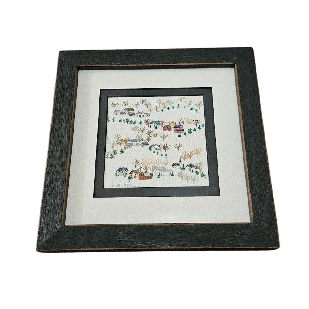 Sandra Peterson County Folk Art Paper Collage Framed Winter Village Wall Hanging